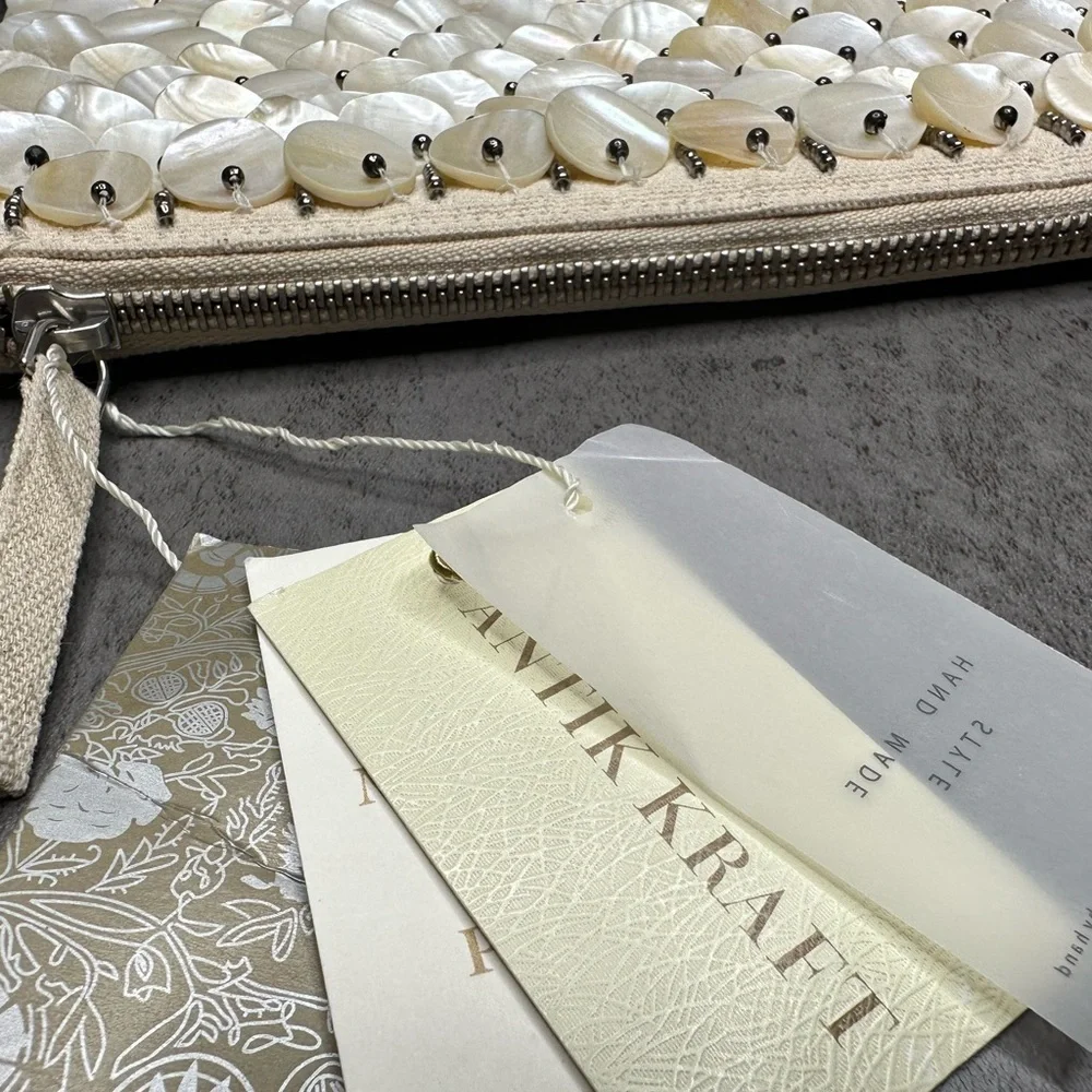 Antik Kraft Mother of Pearl Beaded Clutch –Ivory Shell‑Disc Evening Bag - Picture 4 of 7